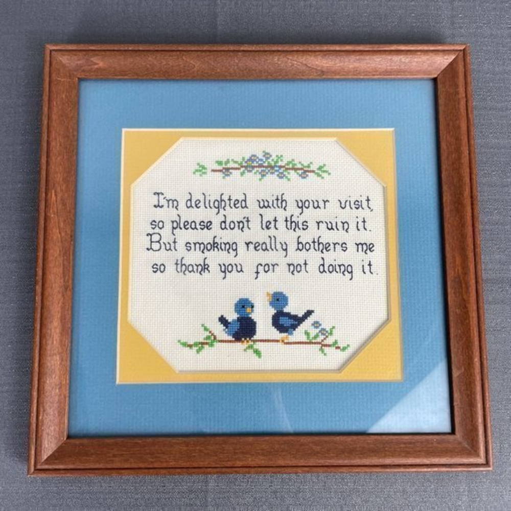 Finished Framed Cross Stitch Anti-Smoking Blue Birds 10 x 10